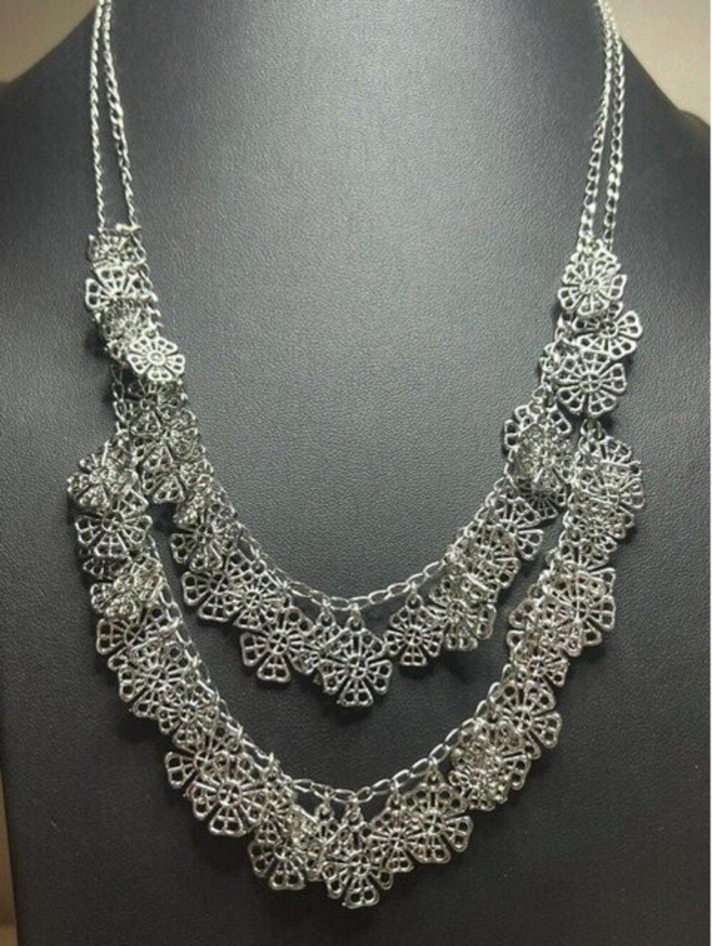 B7397 TALBOTS Silver Tone Filigree Floral Layered Bib Necklace 18-20"